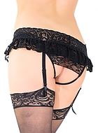 Crotchless panties, stretch lace, ruffle trim, garters
